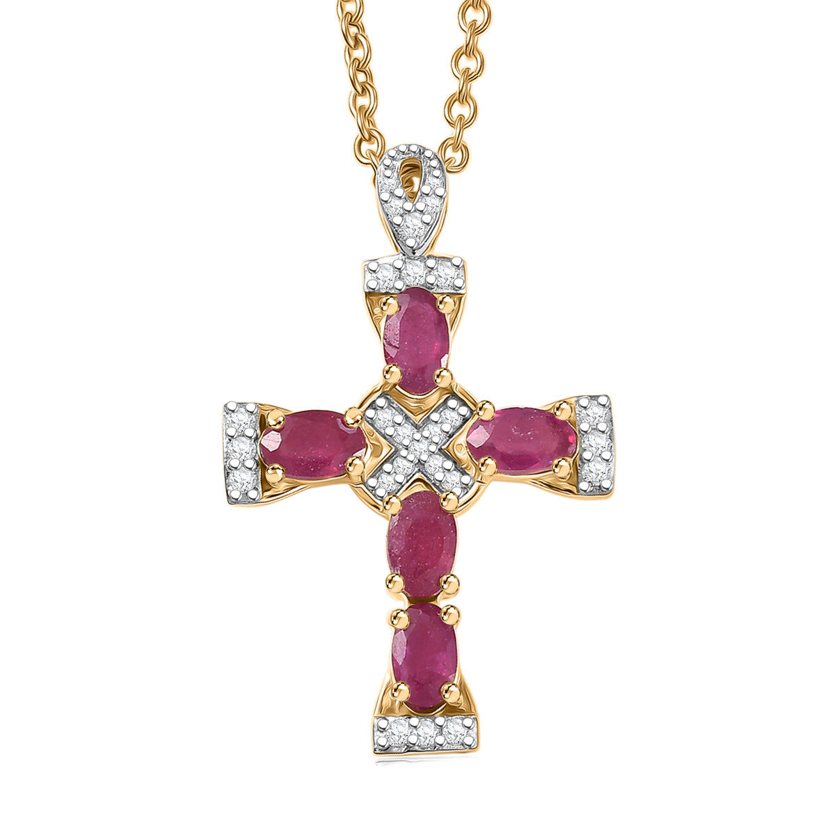 D'Joy Afrikanischer Rubin (Fissure gefüllt), Weißer Zirkon Schmuckset ca. 50 cm 925 Silber 750 Gelb Vergoldet und Edelstahl 750 Gelb Vergoldet ca. 2.22 ct