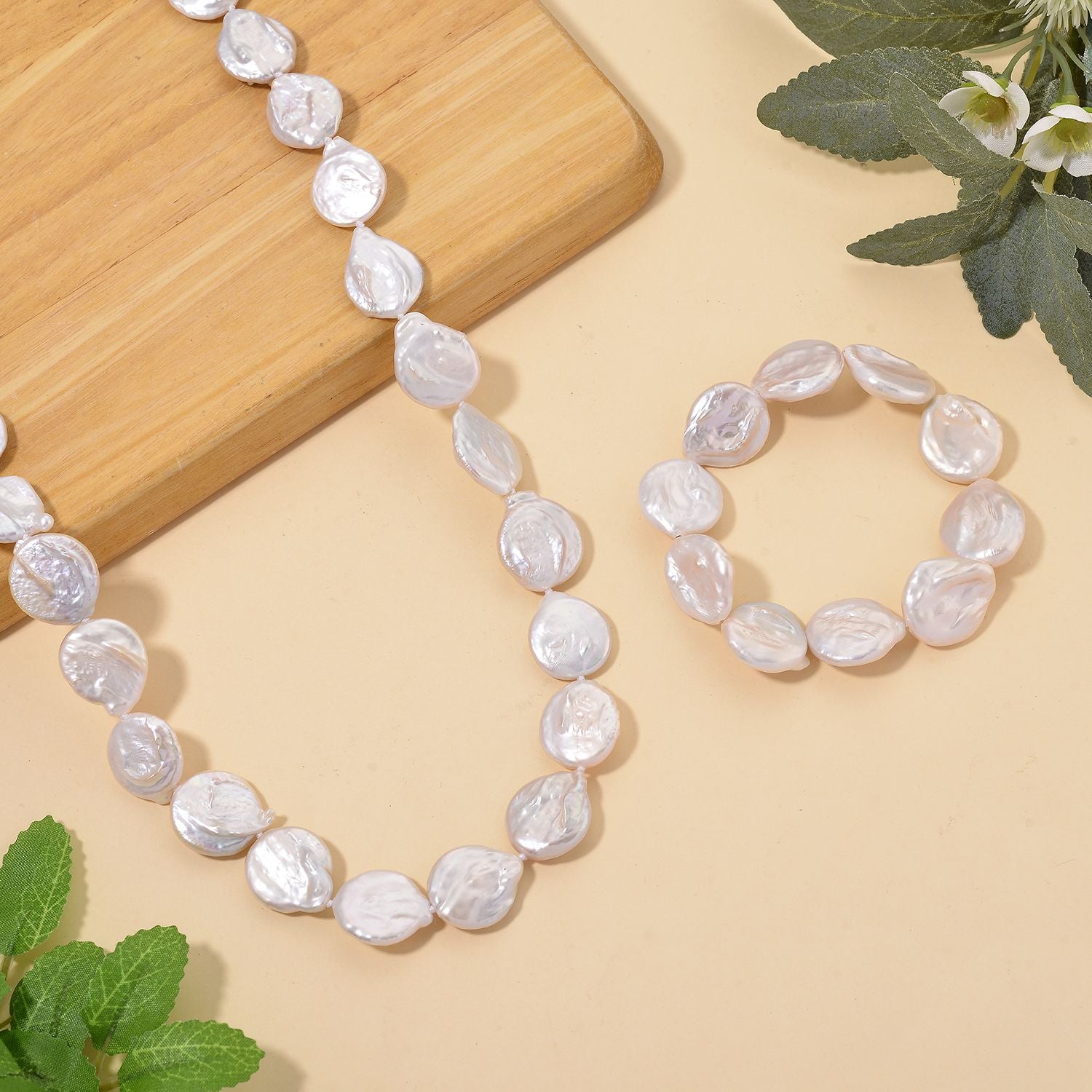 EINMALIGES ANGEBOT - 2er Set Weiße Keshi Perl Halskette und Armband, 316L Weiß Edelstahl