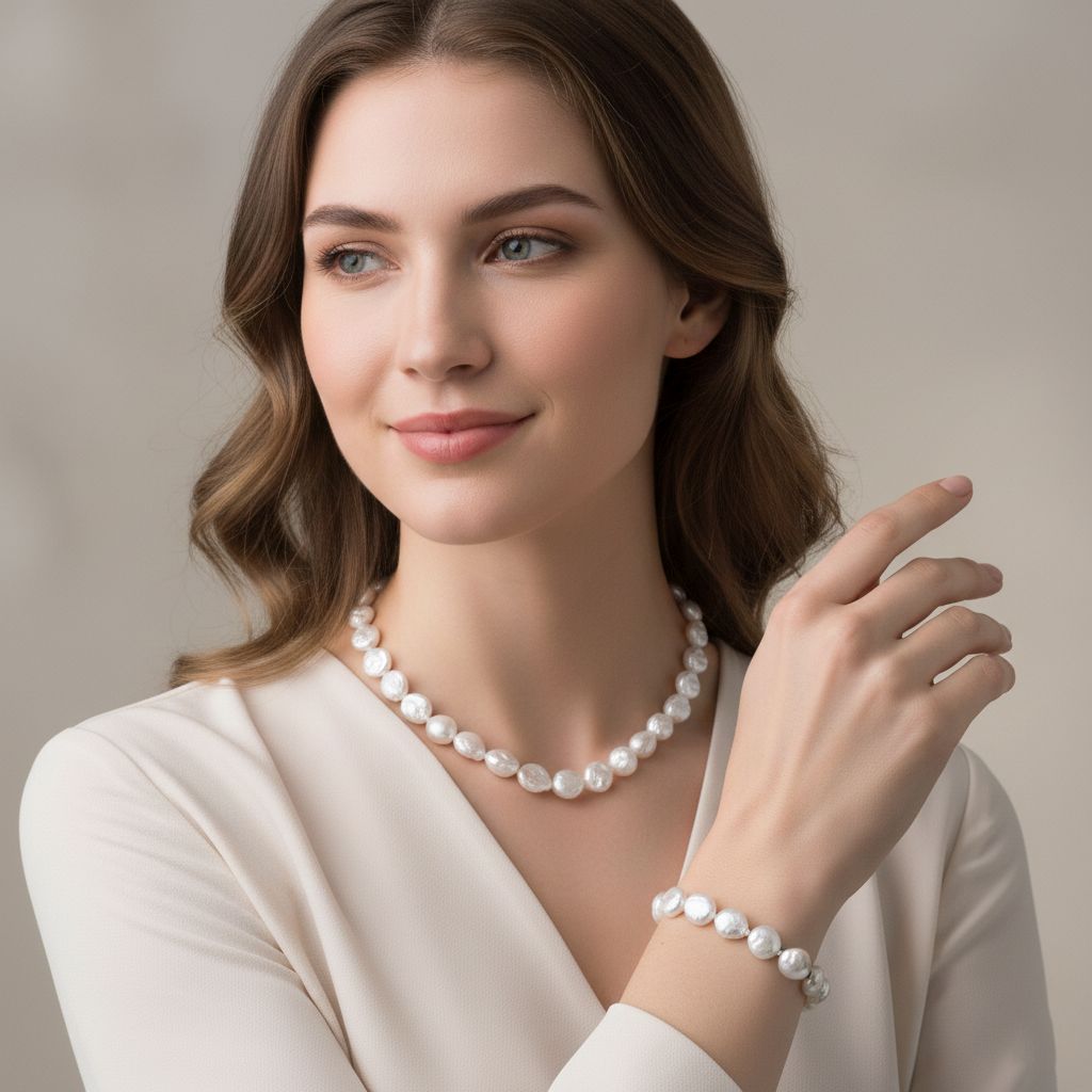 EINMALIGES ANGEBOT - 2er Set Weiße Keshi Perl Halskette und Armband, 316L Weiß Edelstahl