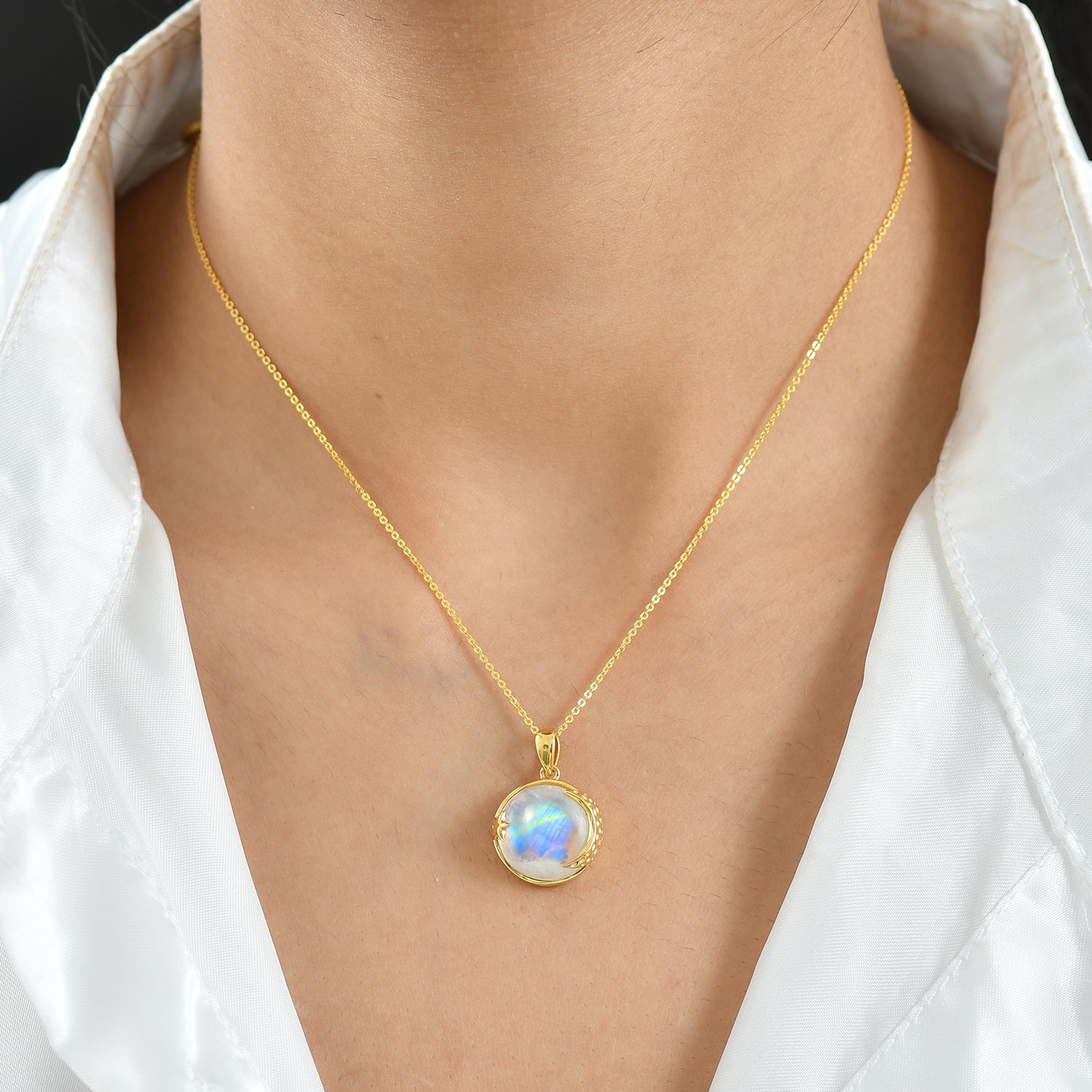 D'Joy AA Meetiyagoda Regenbogen Mondstein Schmuckset ca. 50 cm 925 Silber 750 Gelbgold Vermeil ca. 11.65 ct