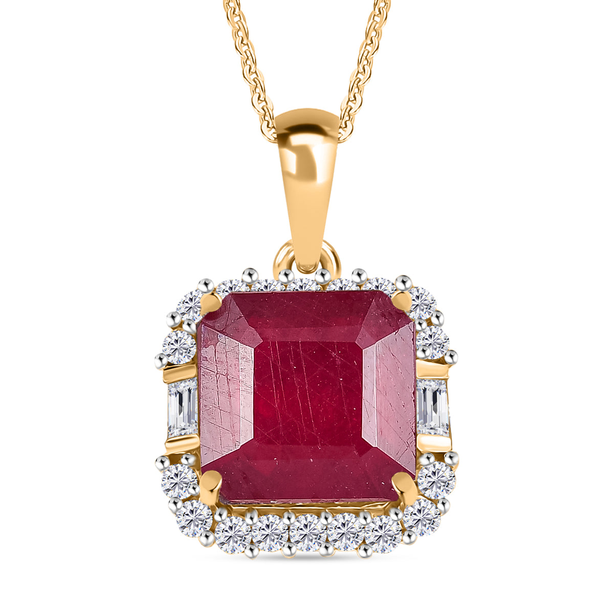 D'Joy ASSCHER SCHLIFF Afrikanischer Rubin (Fissure gefüllt), Weißer Topas Schmuckset ca. 50 cm 925 Silber 750 Gelbgold Vermeil ca. 8.11 ct