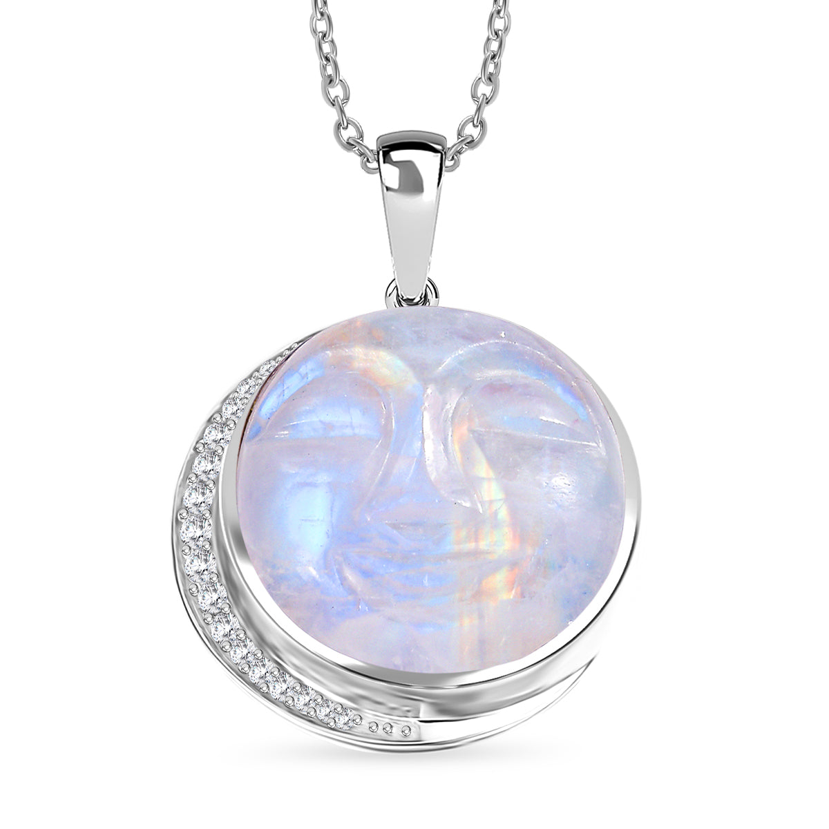D'Joy AAA Regenbogen Mondstein, Weißer Zirkon Schmuckset ca. 50 cm 925 Silber rhodiniert und Edelstahl rhodiniert ca. 20,29 ct.