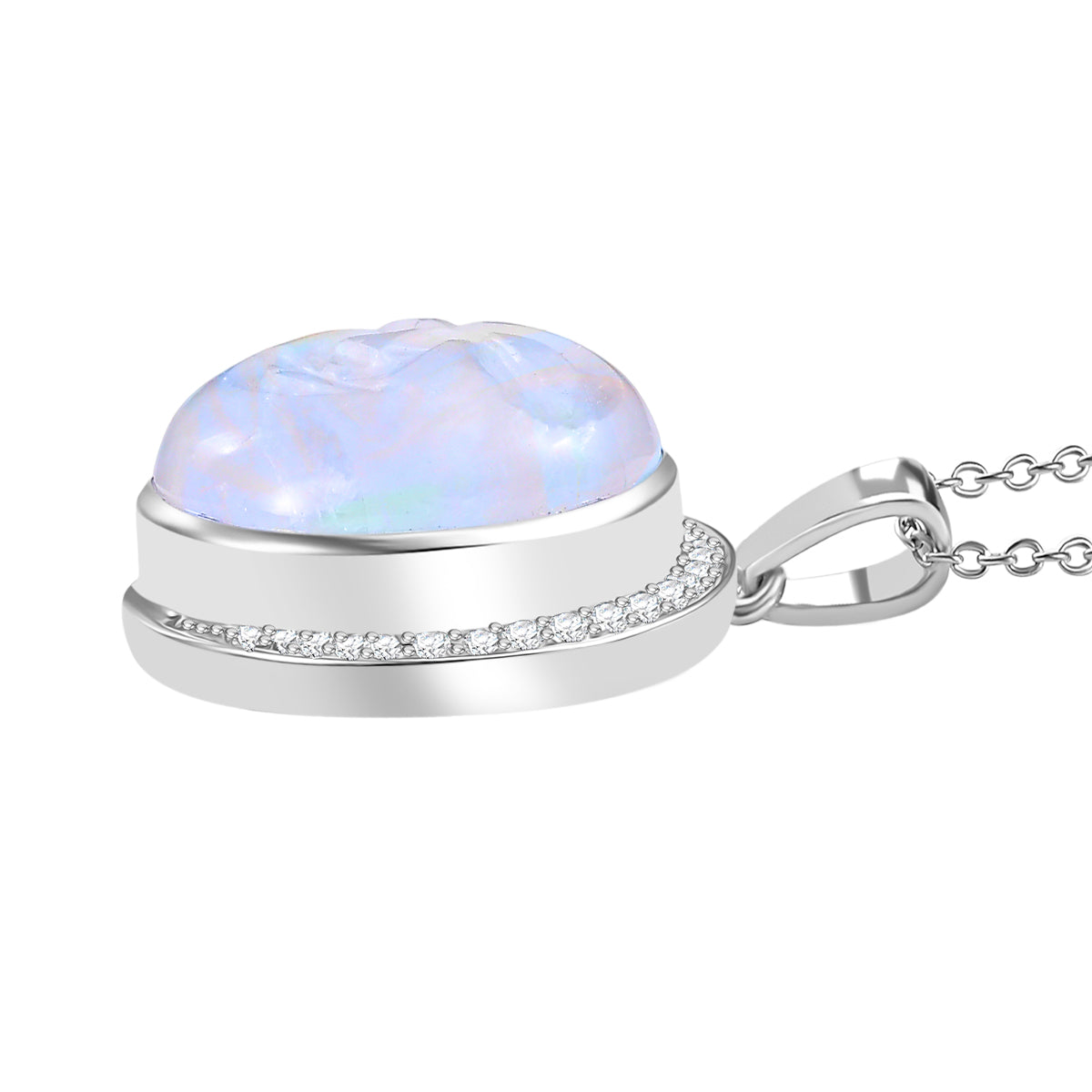 D'Joy AAA Regenbogen Mondstein, Weißer Zirkon Schmuckset ca. 50 cm 925 Silber rhodiniert und Edelstahl rhodiniert ca. 20,29 ct.