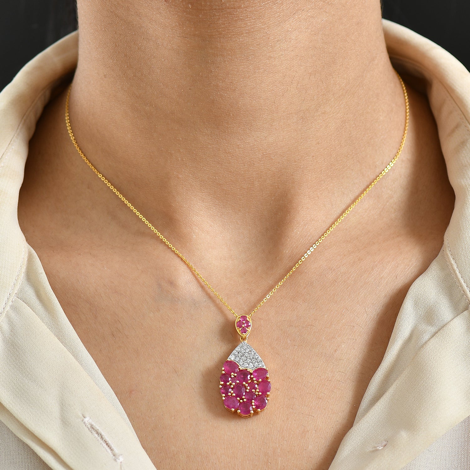D'Joy Afrikanischer Rubin (Fissure gefüllt) Schmuckset ca. 50 cm 925 Silber 750 Gelbgold Vermeil ca. 5.89 ct