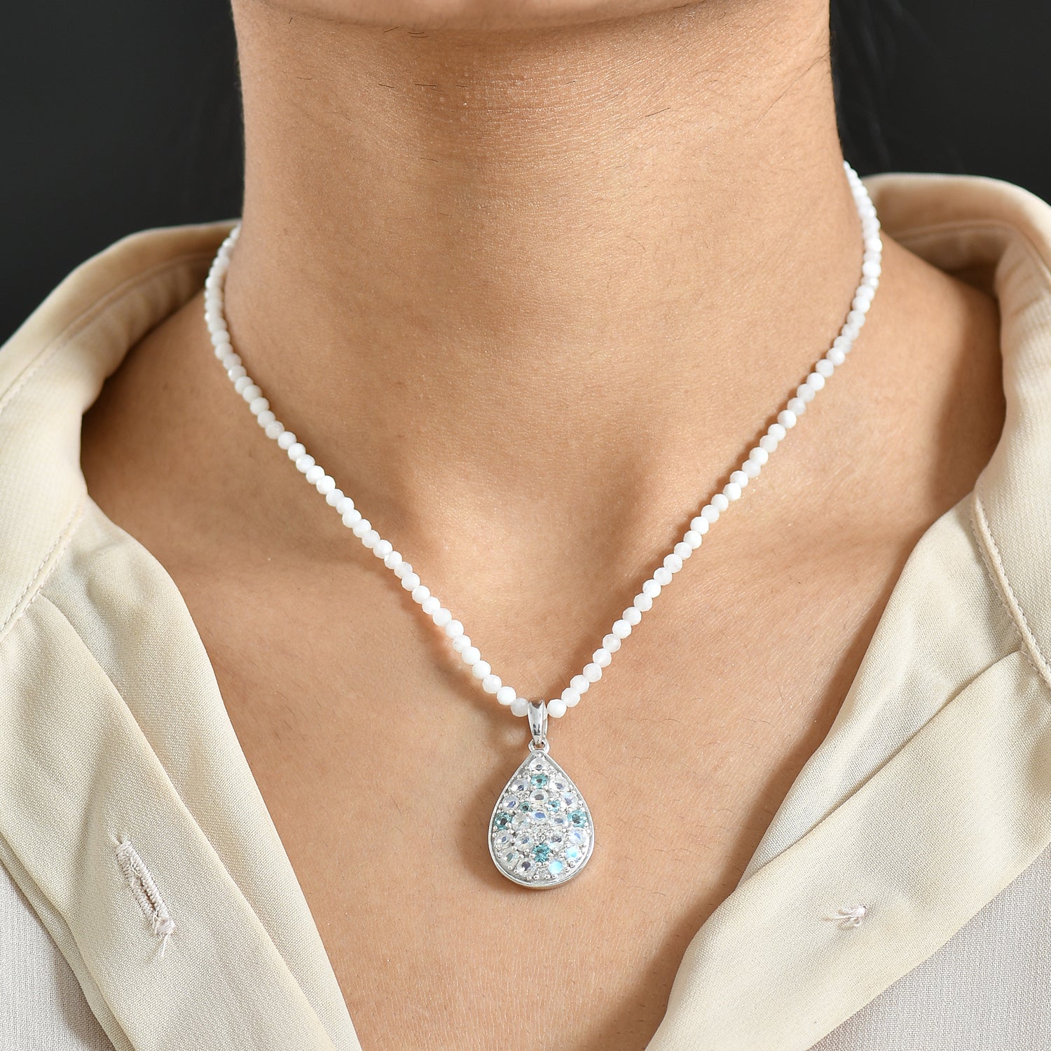 D'Joy 2er Set Meetiyagoda Regenbogen Mondstein Anhänger mit Weißer Mondstein collier ca. 45 cm 925 Silber rhodiniert ca. 30.17 ct