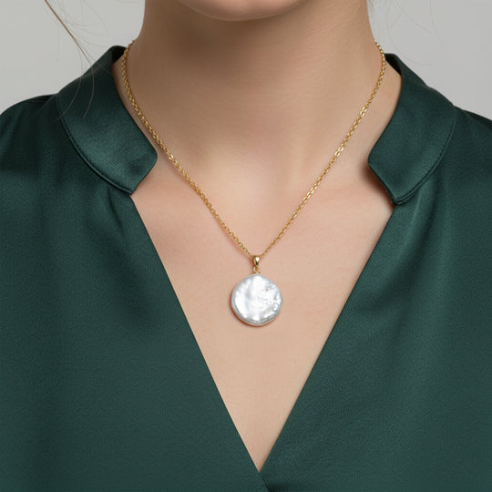 Weiße Süßwasser Perle Anhänger mit Kette, ca. 50 cm 316L Edelstahl, Goldfarben