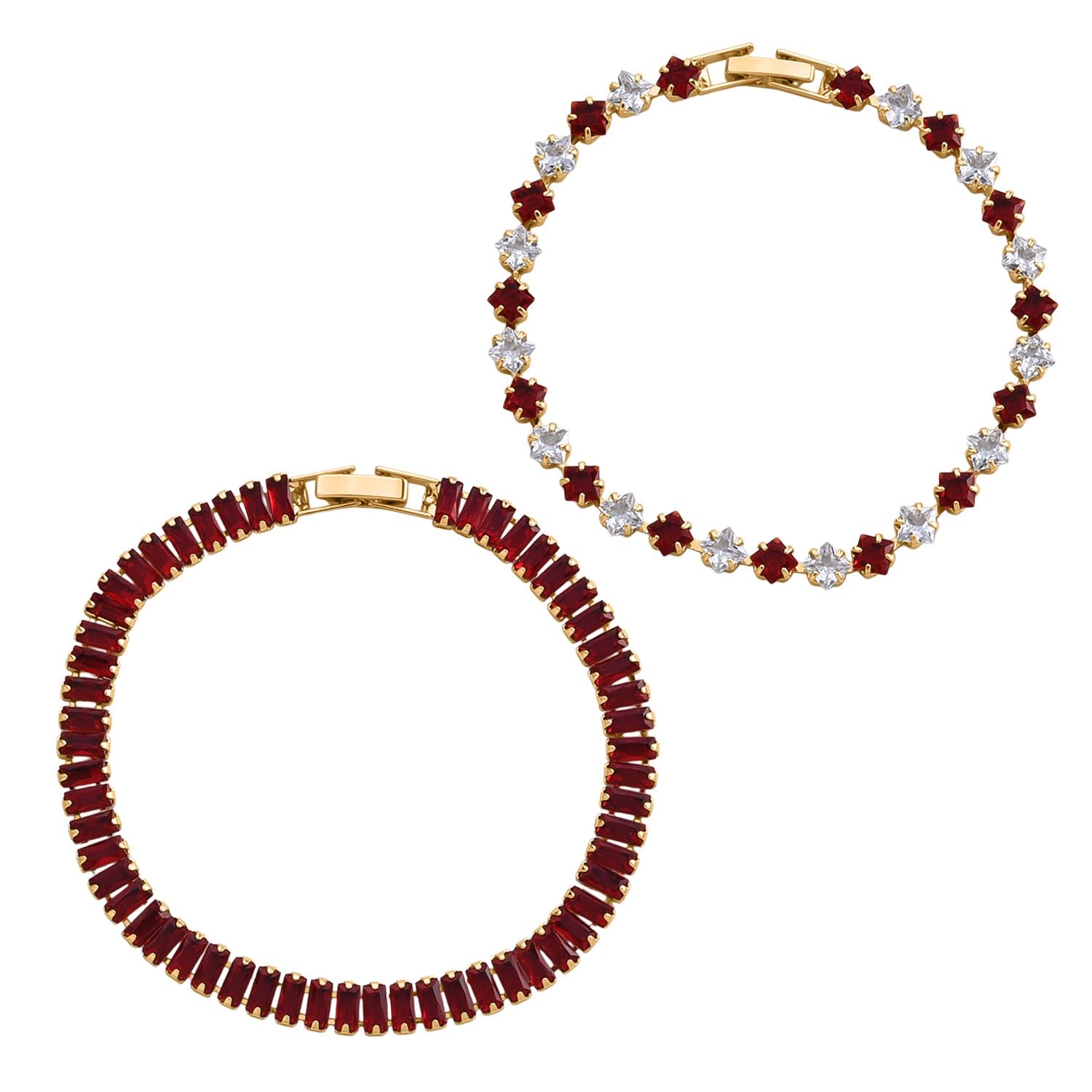 2er Set - Granat Zirkonia, Weißer Zirkonia Armband ca. 19 cm, Nickelfreies Messing, Goldfarben