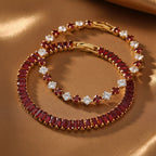 2er Set - Granat Zirkonia, Weißer Zirkonia Armband ca. 19 cm, Nickelfreies Messing, Goldfarben