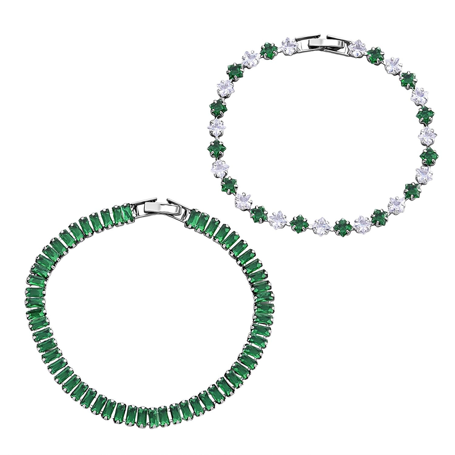 2er Set - Grüner Kristall, Weißer Zirkonia Armband ca. 19 cm, Nickelfreies Messing