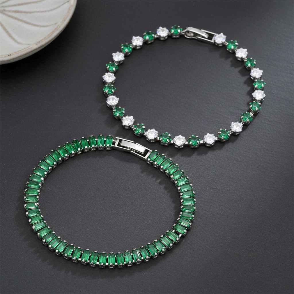 2er Set - Grüner Kristall, Weißer Zirkonia Armband ca. 19 cm, Nickelfreies Messing