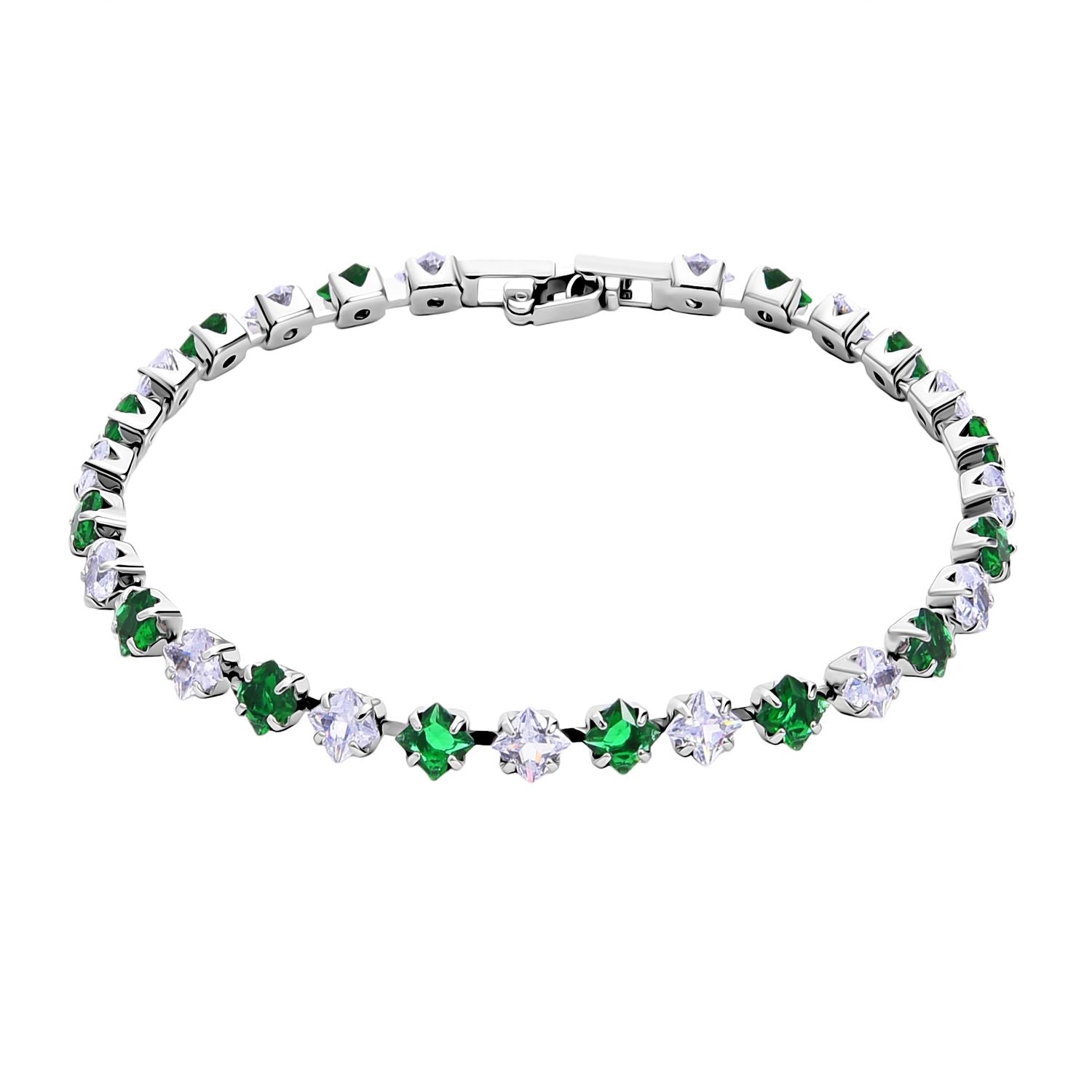 2er Set - Grüner Kristall, Weißer Zirkonia Armband ca. 19 cm, Nickelfreies Messing