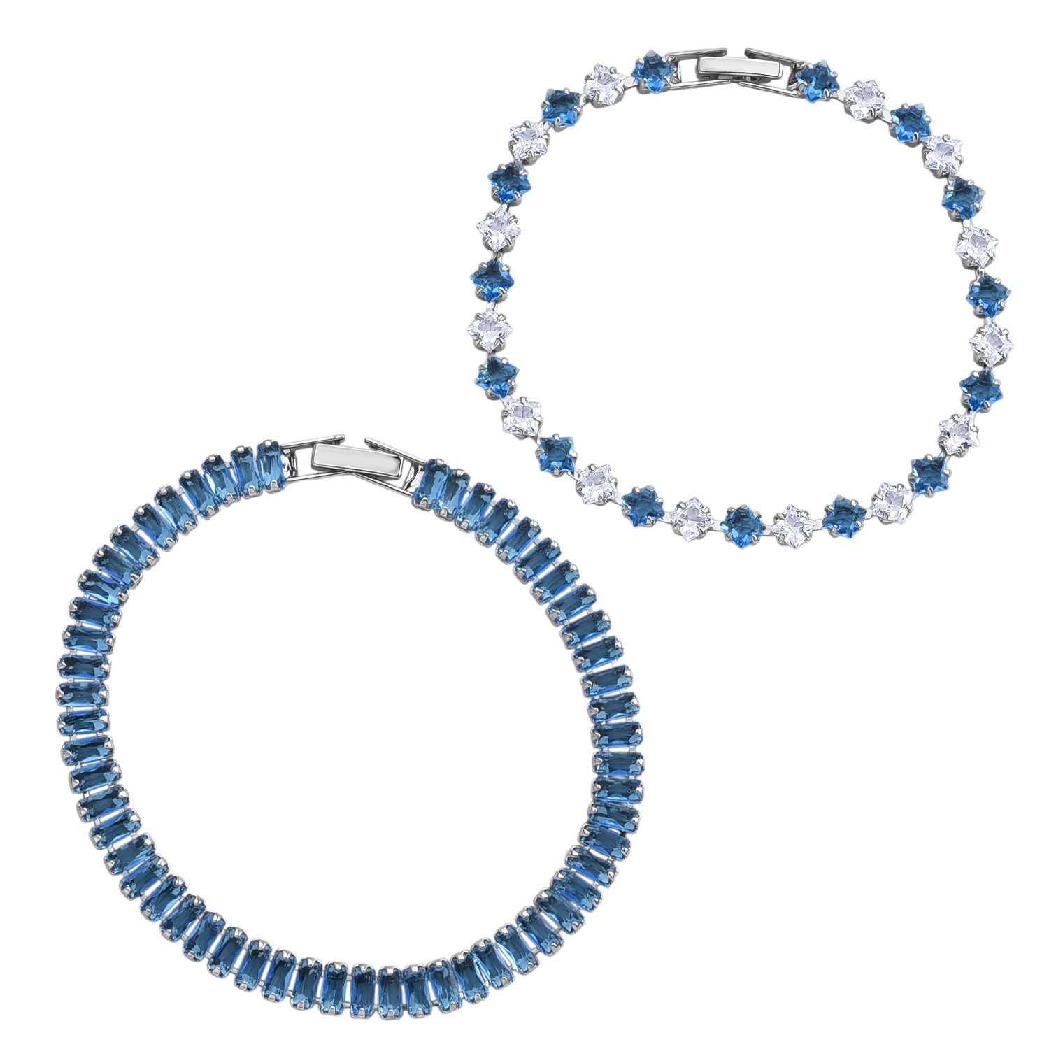 2er Set - Blauer Zirkonia, Weißer Zirkonia Armband ca. 19 cm, Nickelfreies Messing