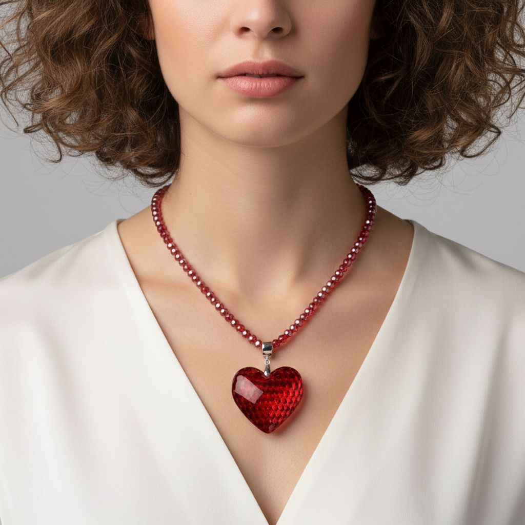 2er Set - Roter Kristall Herz Anhänger und beads Halskette mit  Varioclip-Verschluss, ca. 50 cm