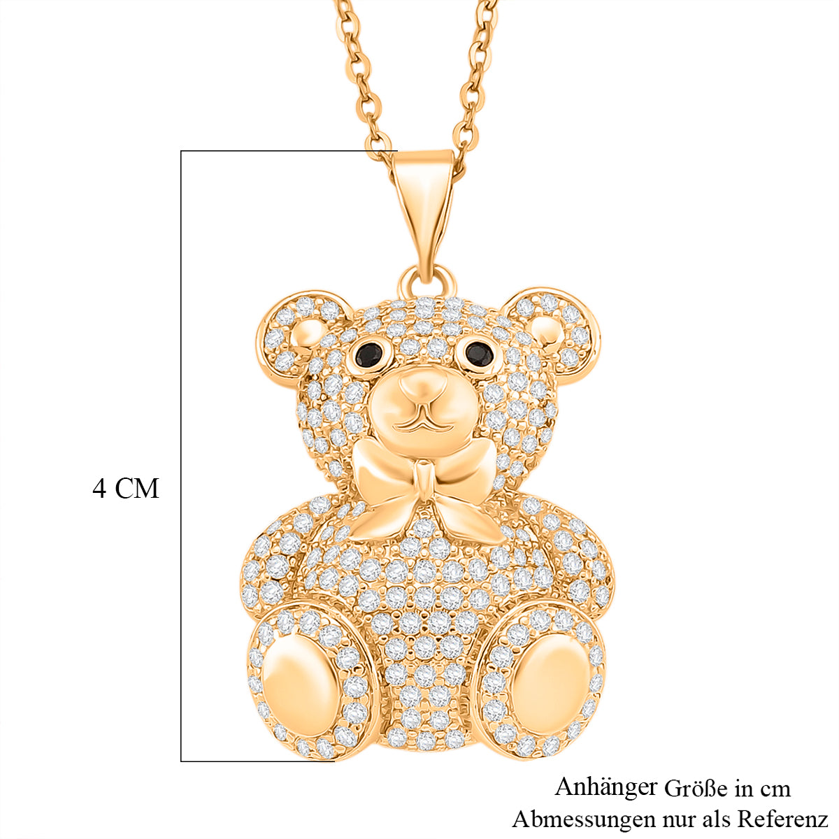 Weißer und schwarzer Zirkonia Teddybär Anhänger mit 50cm Kette, Messing vergoldet