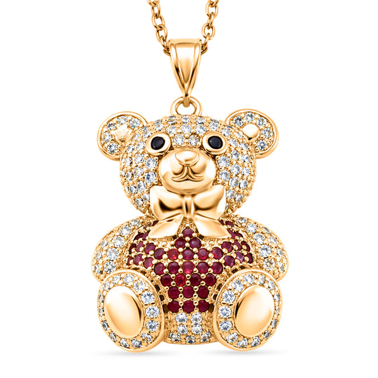 Zirkonia Teddybär Anhänger mit 50cm Kette, Blau, Messing vergoldet