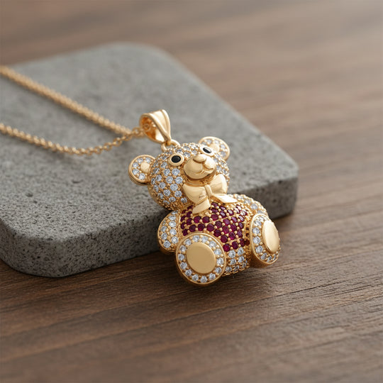 Teddybär-Anhänger mit Kette und grünem Zirkonia, ca. 50 cm, 2,00 ct