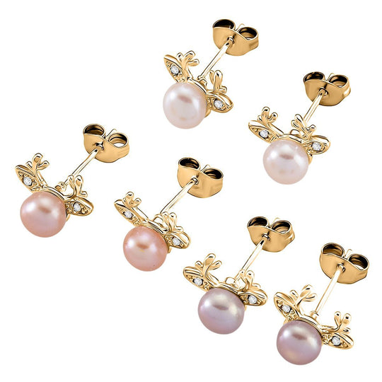 3er Set - Pfirsich-Süßwasser Perle (5-7 mm), Lila Süßwasser Perle (5-7mm) Schmuckset, Nickelfreies Messing vergoldet