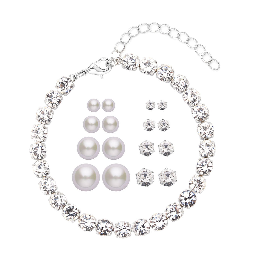 Weiße Muschelkernperle (4-10 mm), Weißer Kristall Schmuckset 316L Edelstahl, Nickelfreies Messing