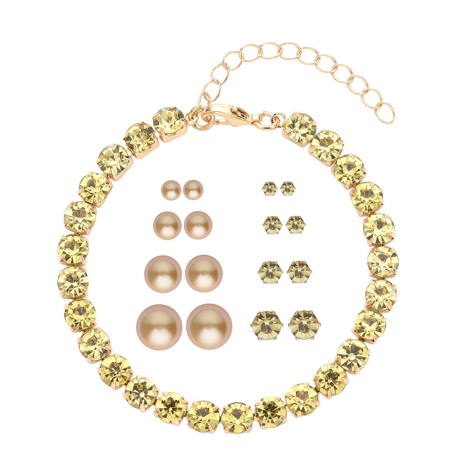 9er Set - Goldene Muschelkernperle Armband und Ohrringe (4-10 mm), Gelber Kristall, 316L Edelstahl Gelb, Nickelfreies Messing, Goldfarben