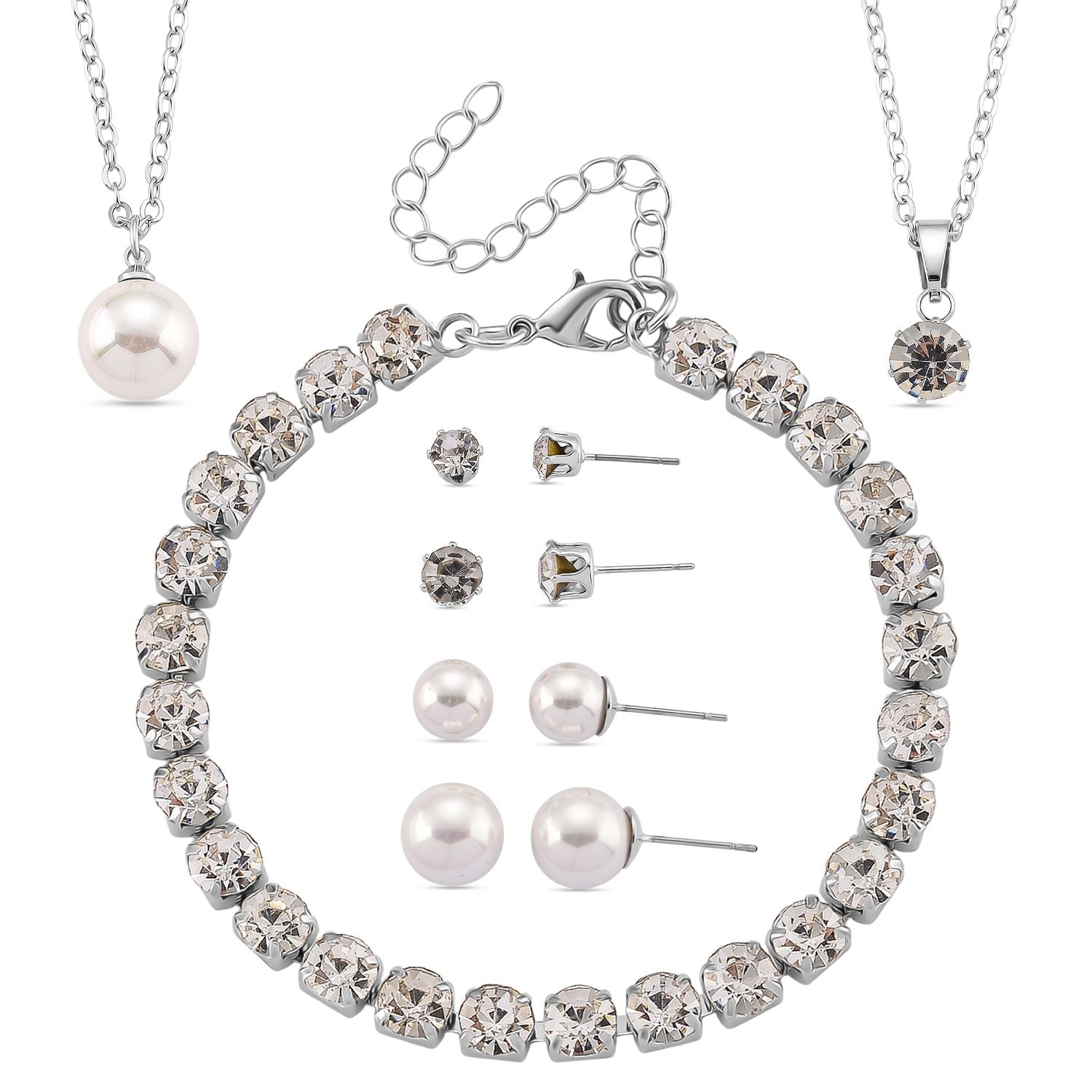 Weiße Muschelkernperle (8-12 mm), Weißer Kristall Schmuckset 316L Edelstahl, Nickelfreies Messing