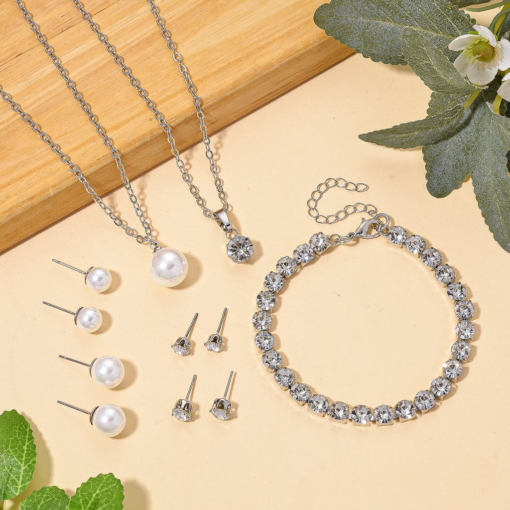 Weiße Muschelkernperle (8-12 mm), Weißer Kristall Schmuckset 316L Edelstahl, Nickelfreies Messing
