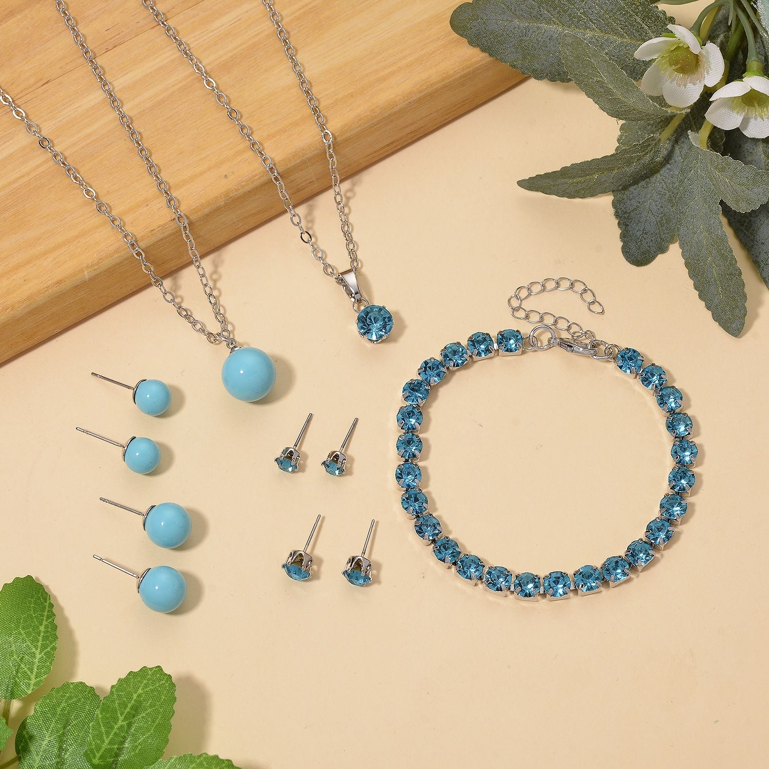 Blauer Muschelkernperle (8-12 mm), Blau Kristall Schmuckset 316L Edelstahl, Nickelfreies Messing