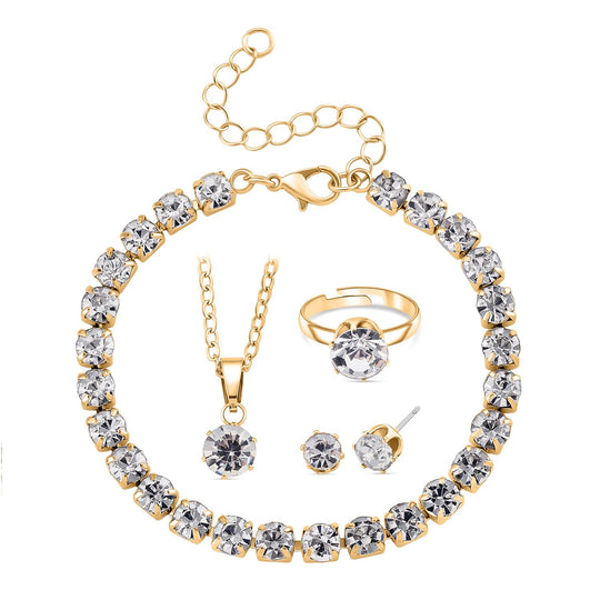 4er Set - Weißer Kristall Schmuckset Nickelfreies Messing rosévergoldferben, Flexibles (Größe 17.00-18.00)