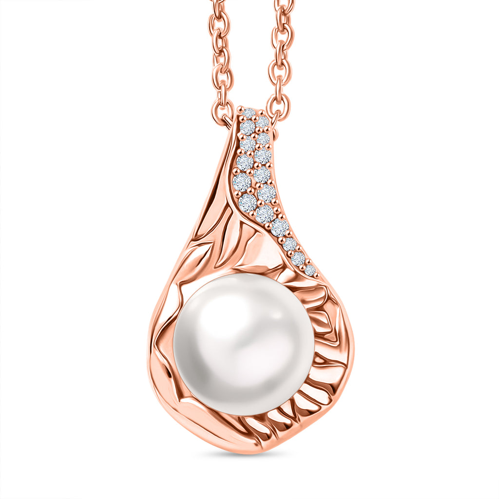 EVER TRUE Pfirsich-Süßwasser Perle (9-9.5 mm), Weißer Zirkon Anhänger, roséfarbenes nickelfreies Messing, 316L Edelstahlkette 50 cm