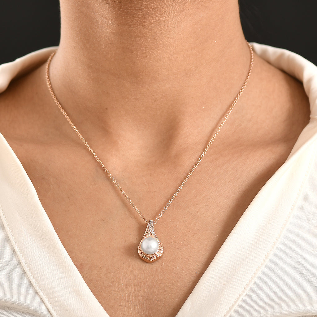 EVER TRUE Pfirsich-Süßwasser Perle (9-9.5 mm), Weißer Zirkon Anhänger, roséfarbenes nickelfreies Messing, 316L Edelstahlkette 50 cm