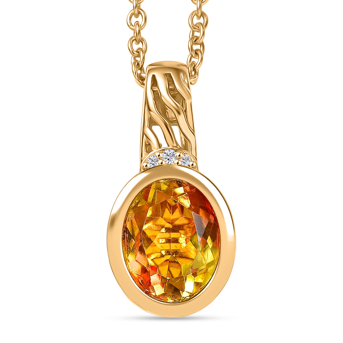 EVER TRUE Feuerflammen-Design - Sphaleros Quarz-Triplette, Weißer Zirkon Anhänger, goldfarbenes nickelfreies Messing, 316L Edelstahlkette 50 cm, ca. 3.19 ct