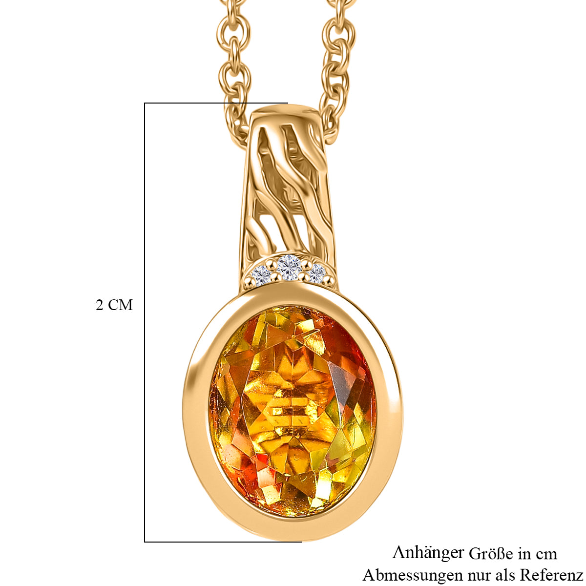 EVER TRUE Feuerflammen-Design - Sphaleros Quarz-Triplette, Weißer Zirkon Anhänger, goldfarbenes nickelfreies Messing, 316L Edelstahlkette 50 cm, ca. 3.19 ct