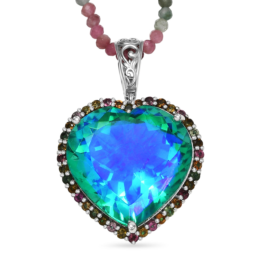 D'Joy Pfau Quarz Triplette, Mehrfarbig-Turmalin Schmuckset ca. 50 cm 925 Silber rhodiniert ca. 83,86 ct.