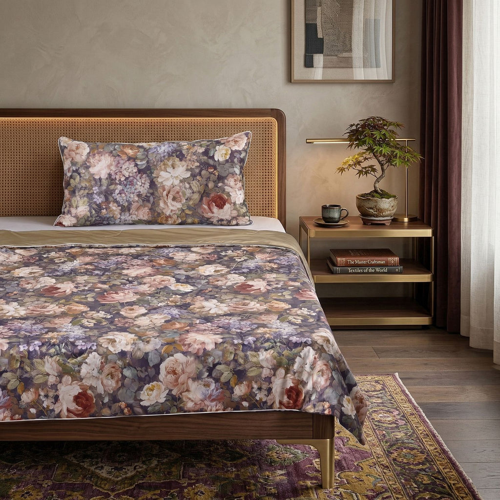 SERENITY NIGHT High-Tech Cooling-Steppdecken-Set mit edler, temperaturregulierender Maulbeeren-Seiden-Füllung und MOP Knöpfe, 135x200 - 40x80 cm, Acquarell