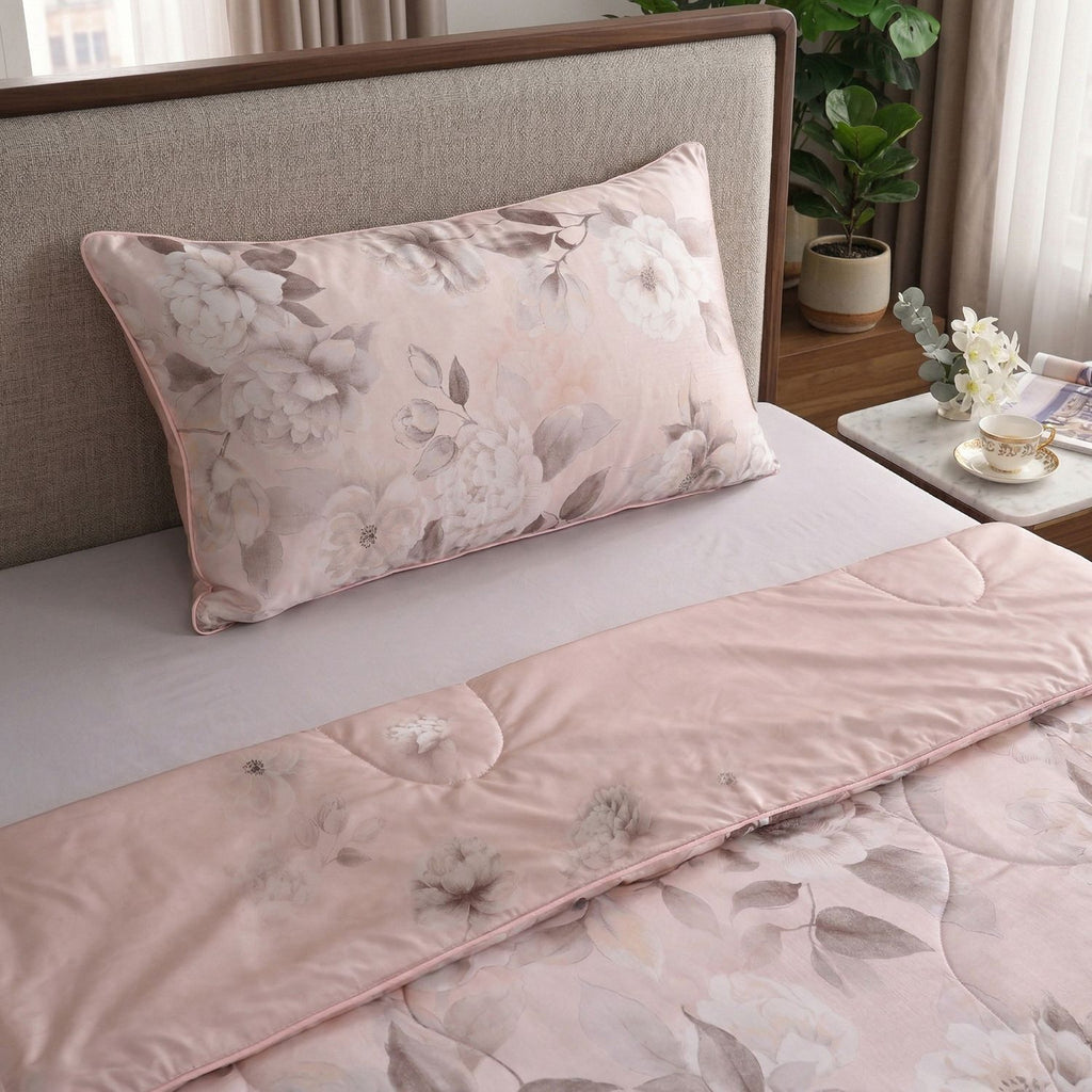 SERENITY NIGHT High-Tech Cooling-Steppdecken-Set mit edler, temperaturregulierender Maulbeeren-Seiden-Füllung und MOP Knöpfe, 135x200 - 40x80 cm, Rosa
