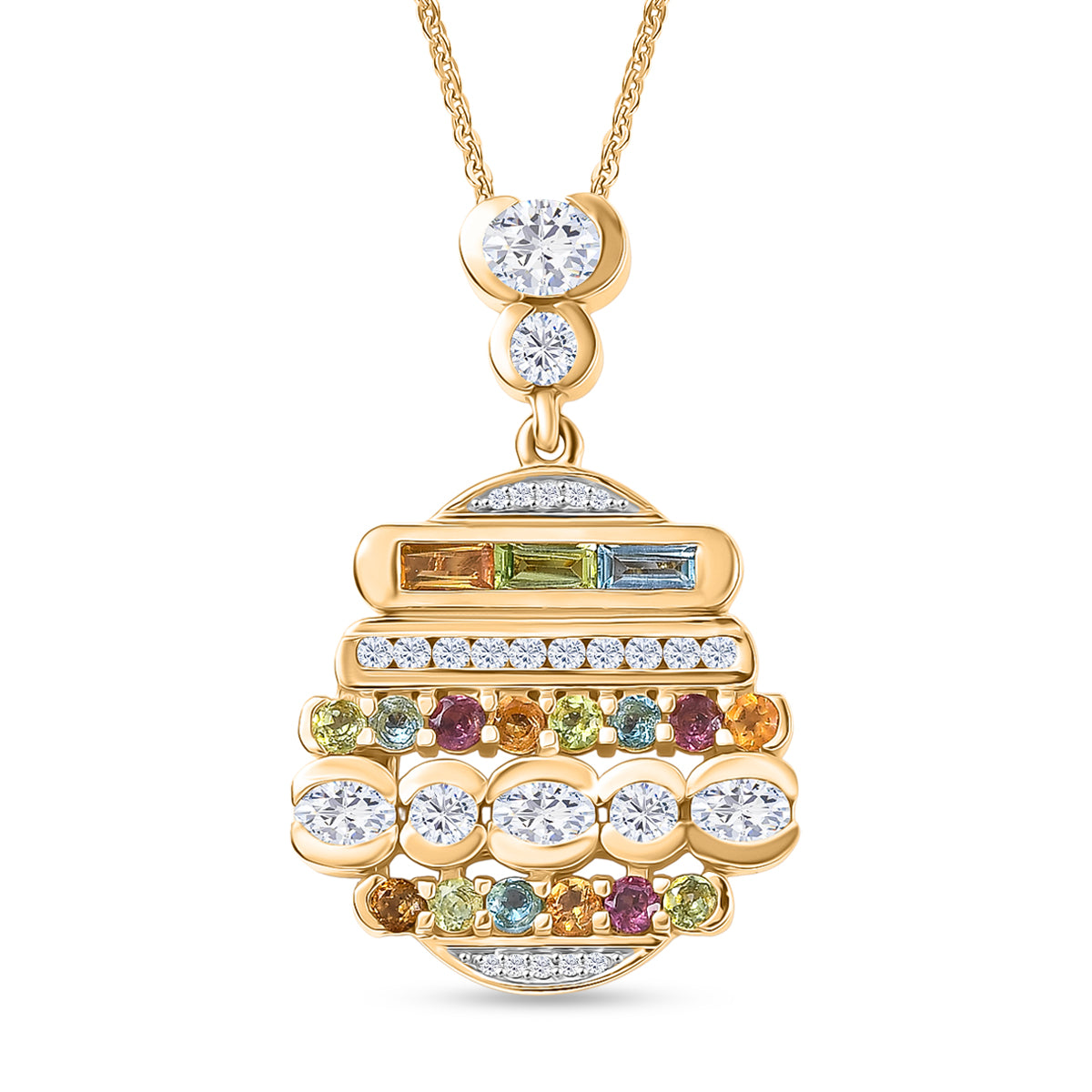 GP Art Deco Kollektion - Weißer Zirkon Anhänger mit Kette, ca. 50 cm 925 Silber 750 Gelbgold Vermeil ca. 6.32 ct