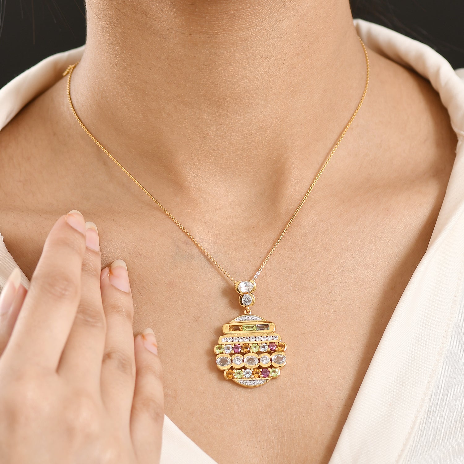 GP Art Deco Kollektion - Weißer Zirkon Anhänger mit Kette, ca. 50 cm 925 Silber 750 Gelbgold Vermeil ca. 6.32 ct