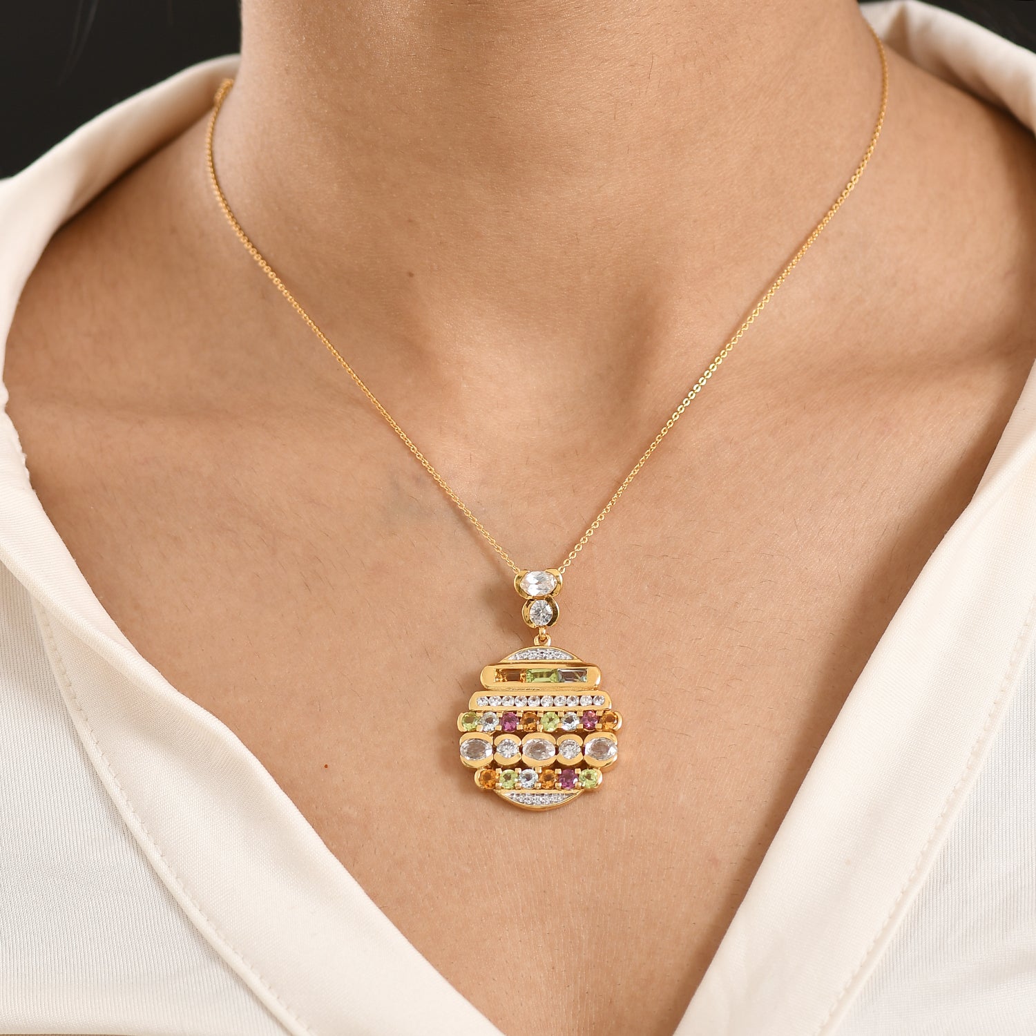 GP Art Deco Kollektion - Weißer Zirkon Anhänger mit Kette, ca. 50 cm 925 Silber 750 Gelbgold Vermeil ca. 6.32 ct