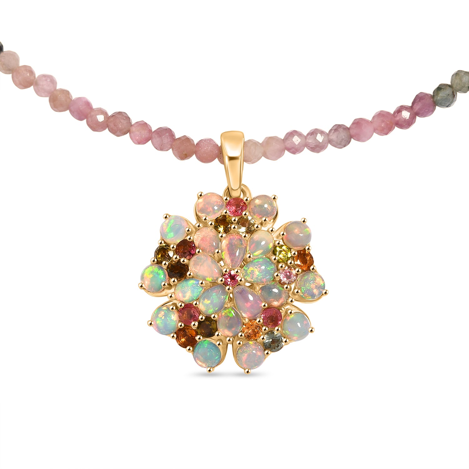 D'Joy Mehrfarbig-Turmalin, Natürlicher, äthiopischer Welo Opal Schmuckset ca. 45 cm 925 Silber 750 Gelbgold Vermeil ca. 31.97 ct