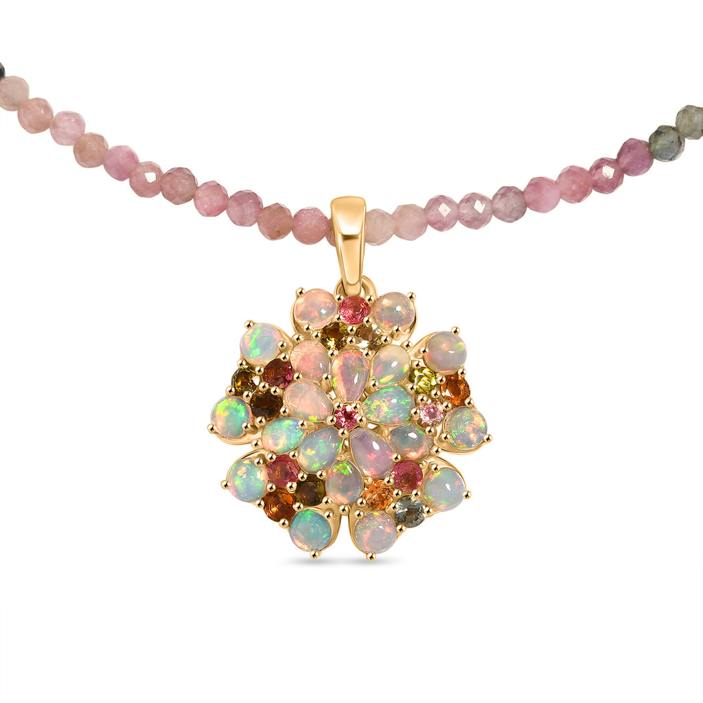 D'Joy Mehrfarbig-Turmalin, Natürlicher, äthiopischer Welo Opal Schmuckset ca. 45 cm 925 Silber 750 Gelbgold Vermeil ca. 31.97 ct