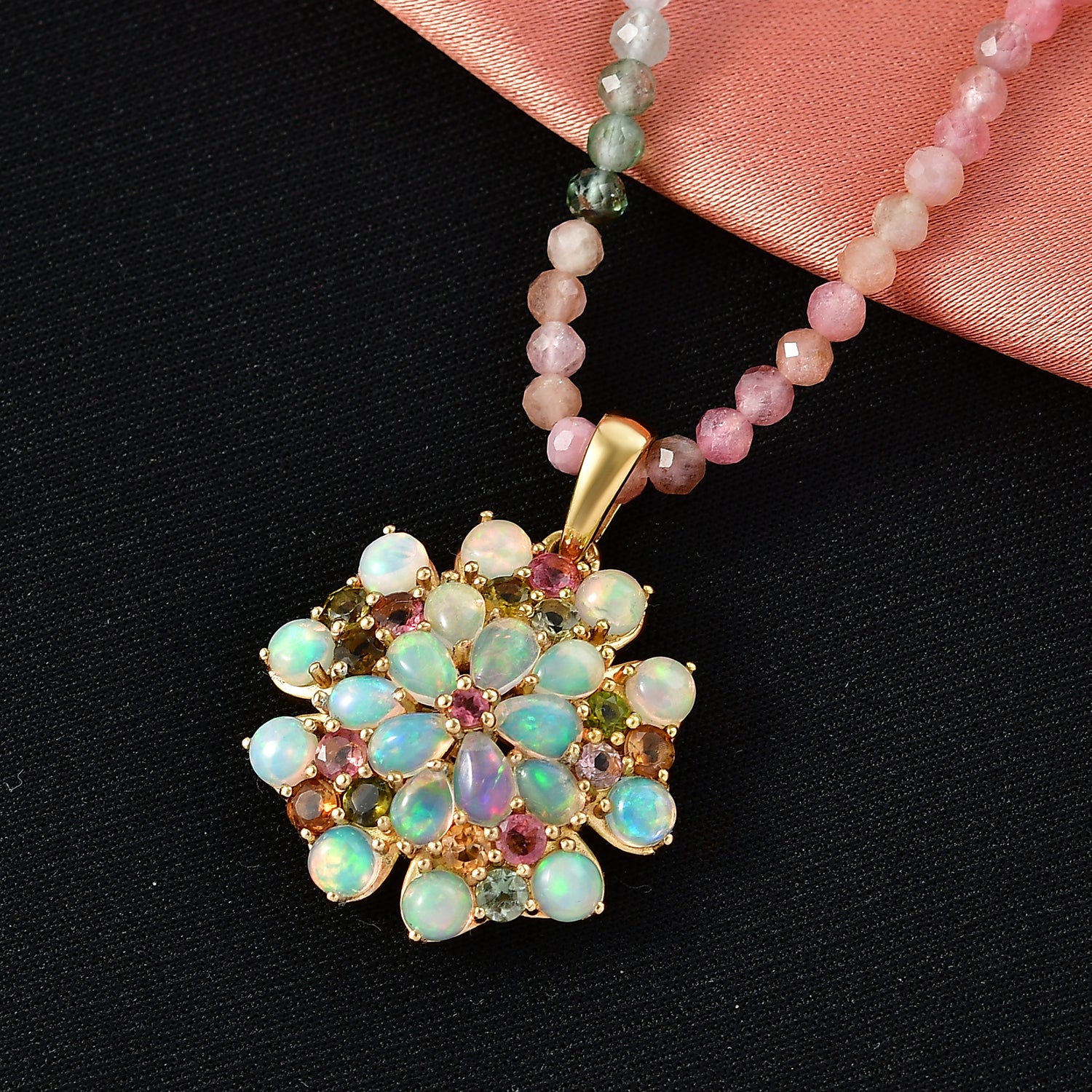 D'Joy Mehrfarbig-Turmalin, Natürlicher, äthiopischer Welo Opal Schmuckset ca. 45 cm 925 Silber 750 Gelbgold Vermeil ca. 31.97 ct