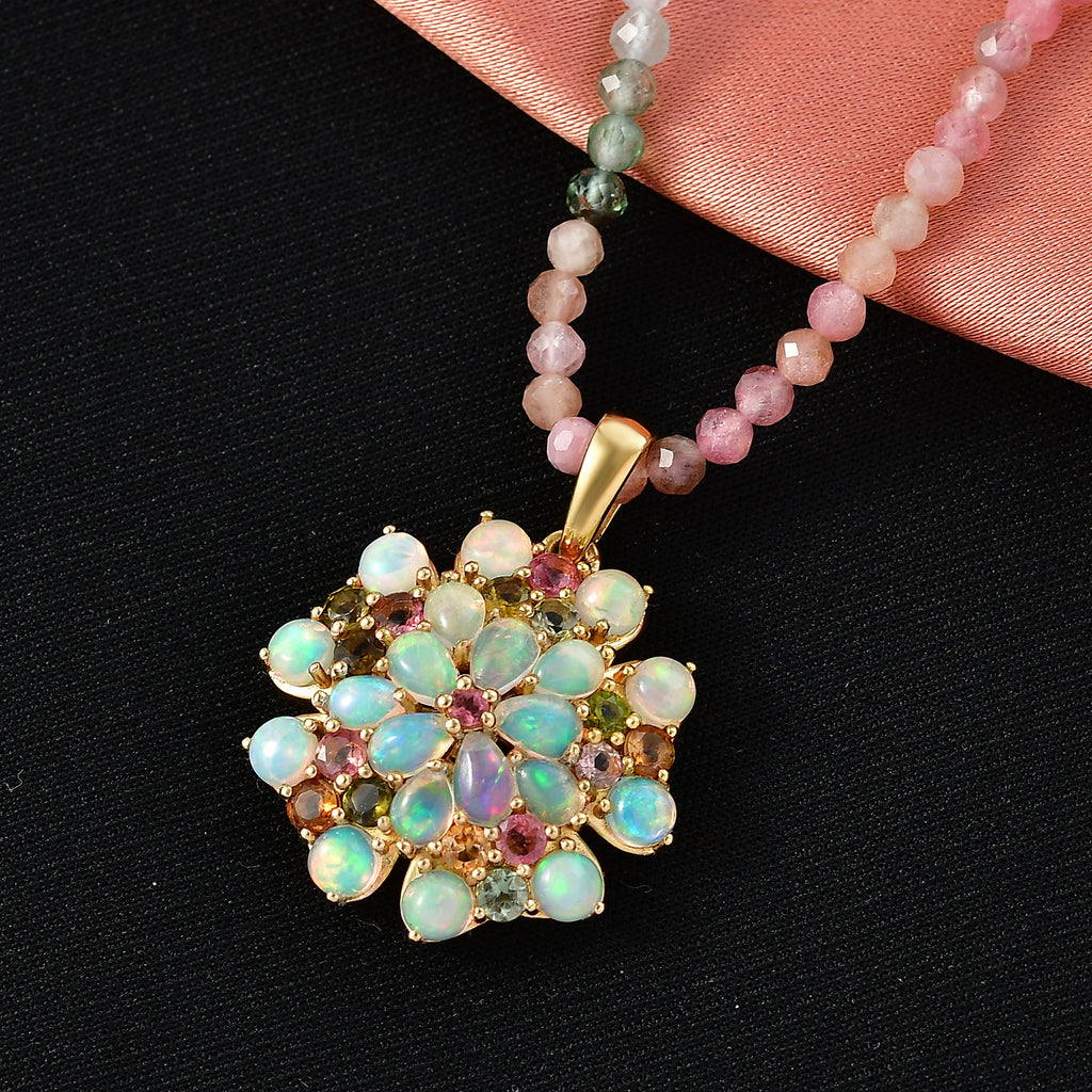 D'Joy Mehrfarbig-Turmalin, Natürlicher, äthiopischer Welo Opal Schmuckset ca. 45 cm 925 Silber 750 Gelbgold Vermeil ca. 31.97 ct