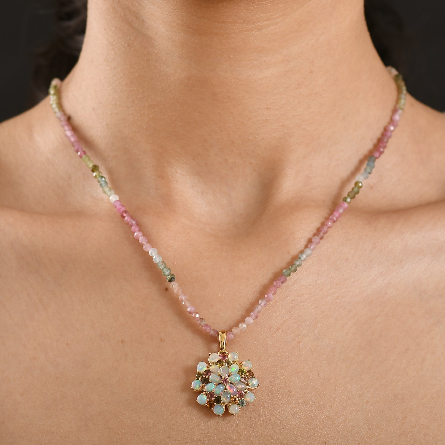 D'Joy Mehrfarbig-Turmalin, Natürlicher, äthiopischer Welo Opal Schmuckset ca. 45 cm 925 Silber 750 Gelbgold Vermeil ca. 31.97 ct