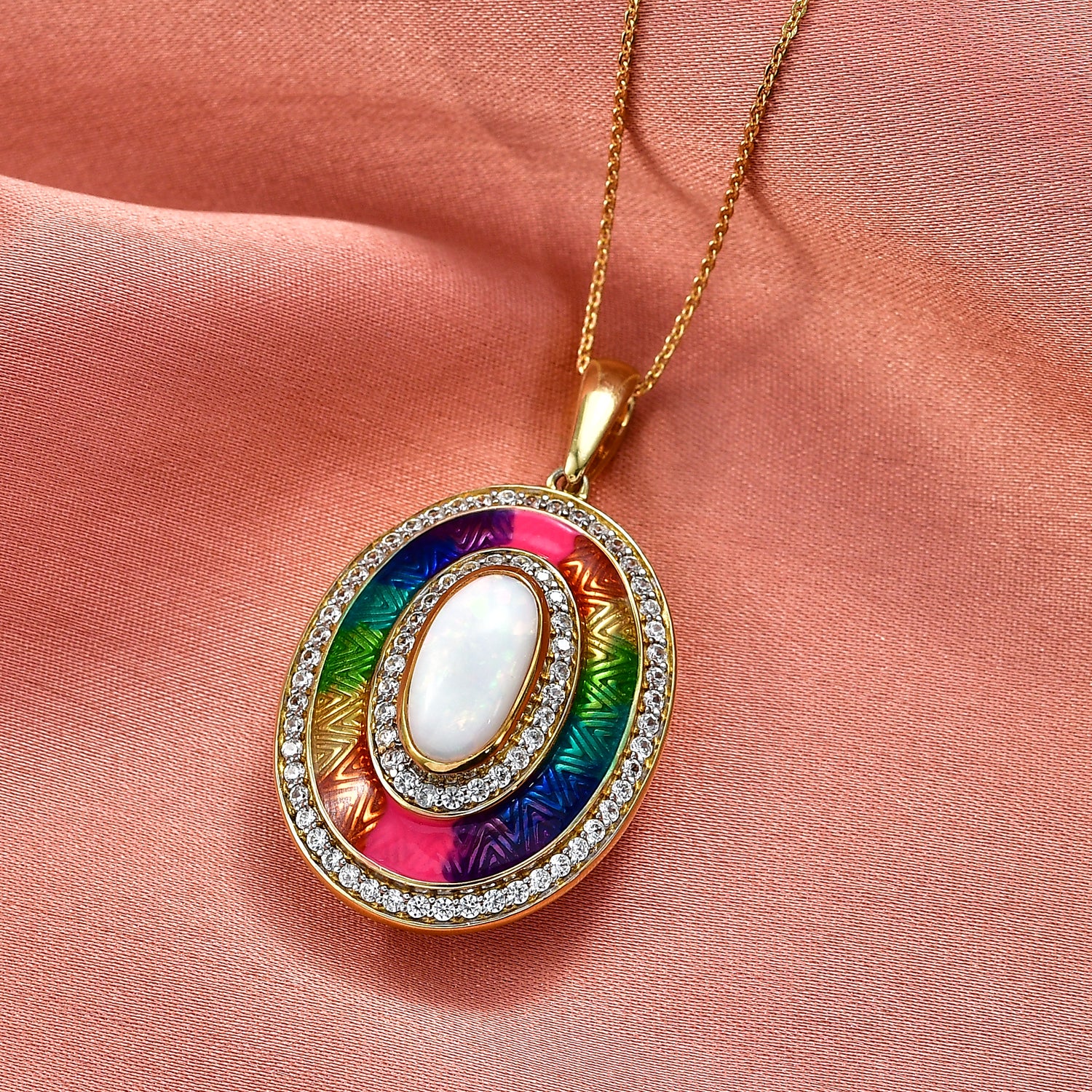 D'Joy AA Natürlicher, äthiopischer Welo Opal, Weißer Zirkon Schmuckset ca. 50 cm 925 Silber 750 Gelbgold Vermeil ca. 2.72 ct