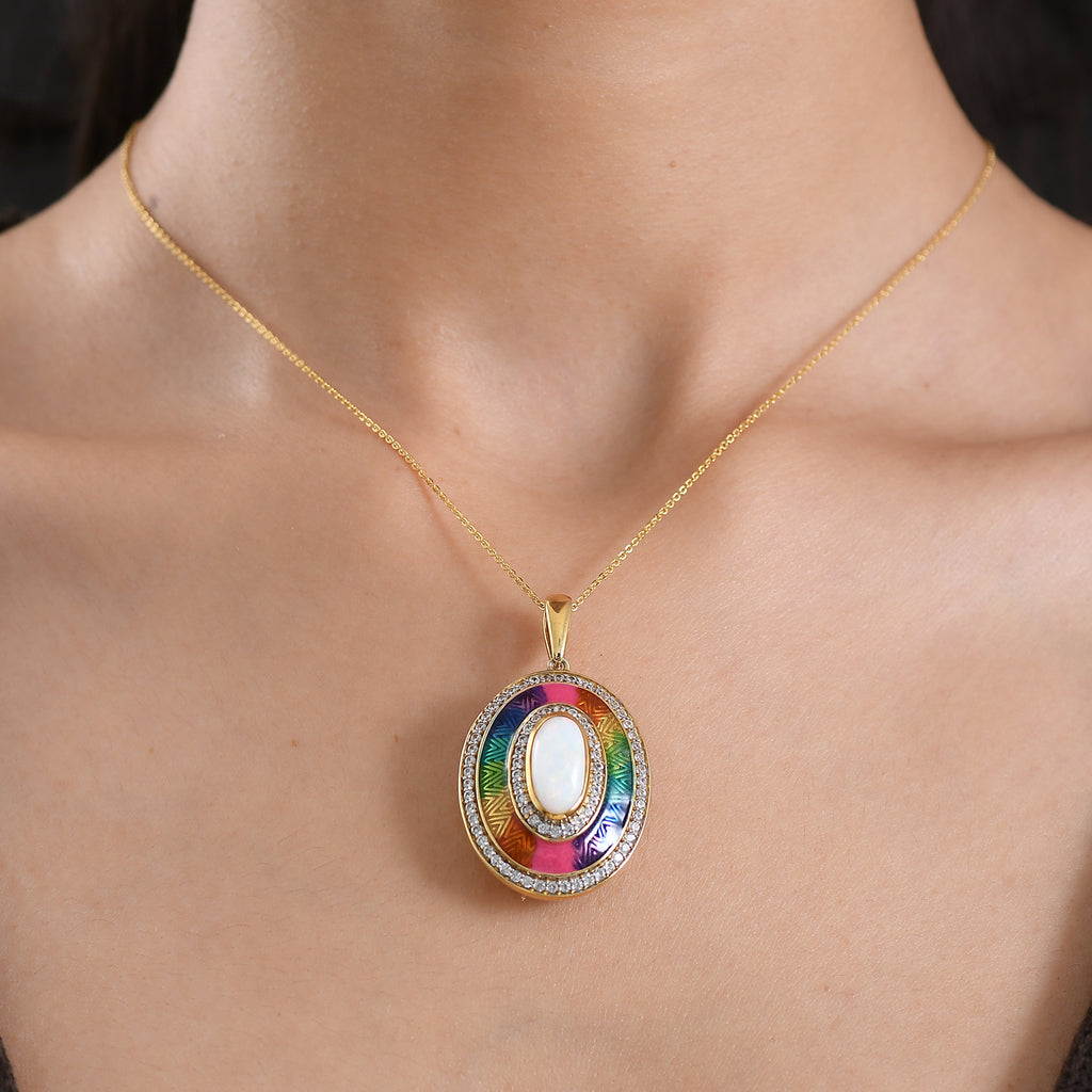 D'Joy AA Natürlicher, äthiopischer Welo Opal, Weißer Zirkon Schmuckset ca. 50 cm 925 Silber 750 Gelbgold Vermeil ca. 2.72 ct