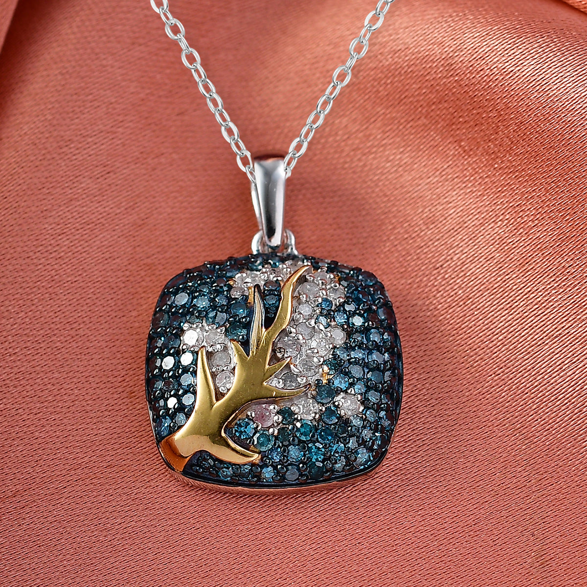 D'Joy Blauer Diamant, Weißer Diamant Anhänger mit Kette ca. 50 cm 925 Silber rhodiniert und 750 Gelbgold Vermeil ca. 1,00 ct.