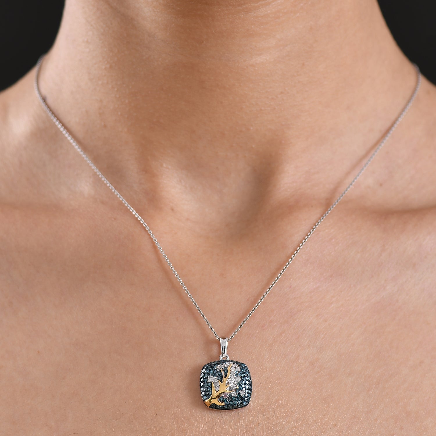 D'Joy Blauer Diamant, Weißer Diamant Anhänger mit Kette ca. 50 cm 925 Silber rhodiniert und 750 Gelbgold Vermeil ca. 1,00 ct.