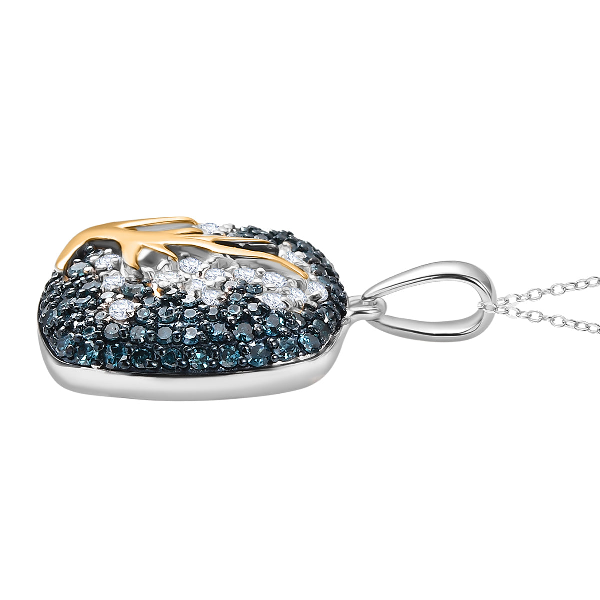 D'Joy Blauer Diamant, Weißer Diamant Anhänger mit Kette ca. 50 cm 925 Silber rhodiniert und 750 Gelbgold Vermeil ca. 1,00 ct.