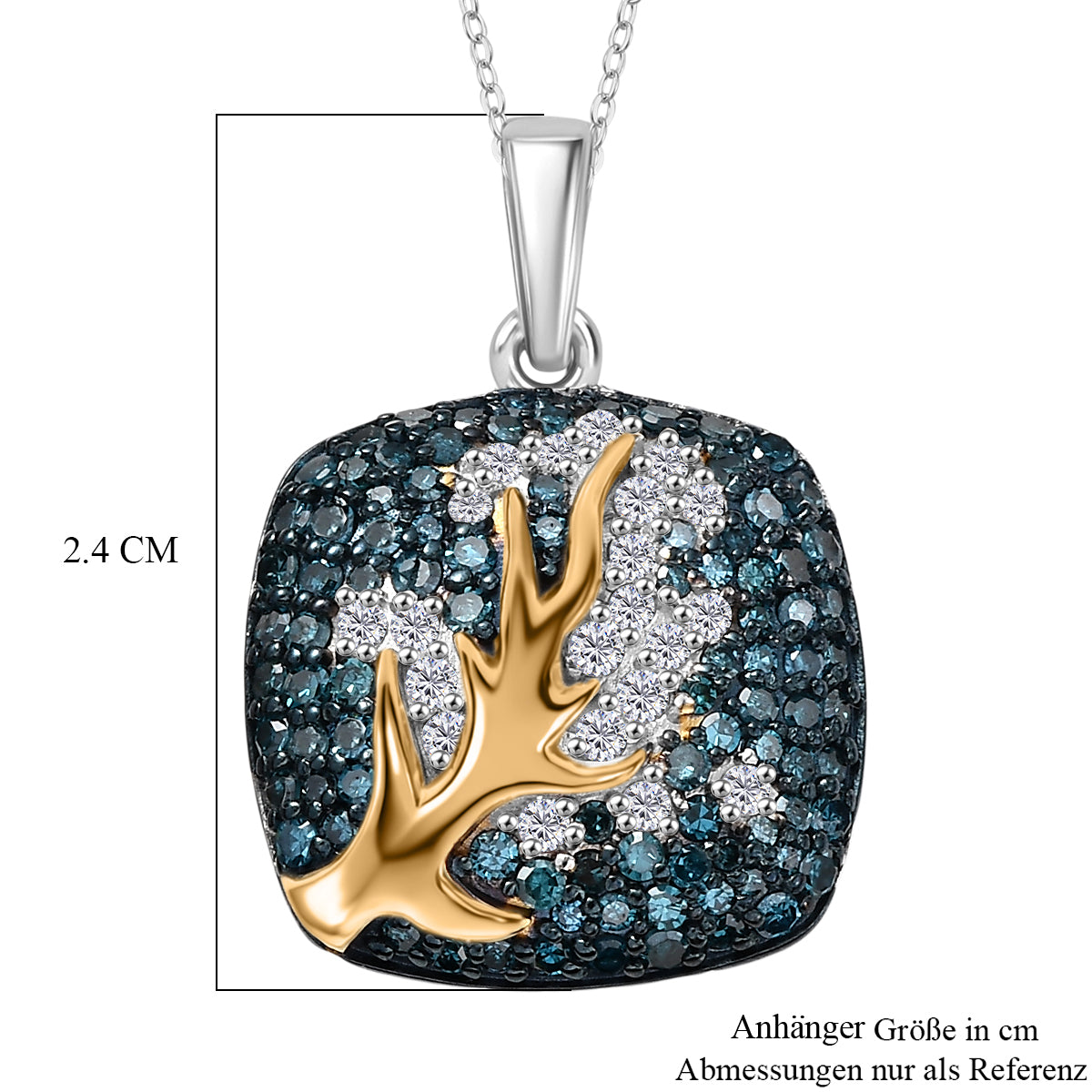 D'Joy Blauer Diamant, Weißer Diamant Anhänger mit Kette ca. 50 cm 925 Silber rhodiniert und 750 Gelbgold Vermeil ca. 1,00 ct.