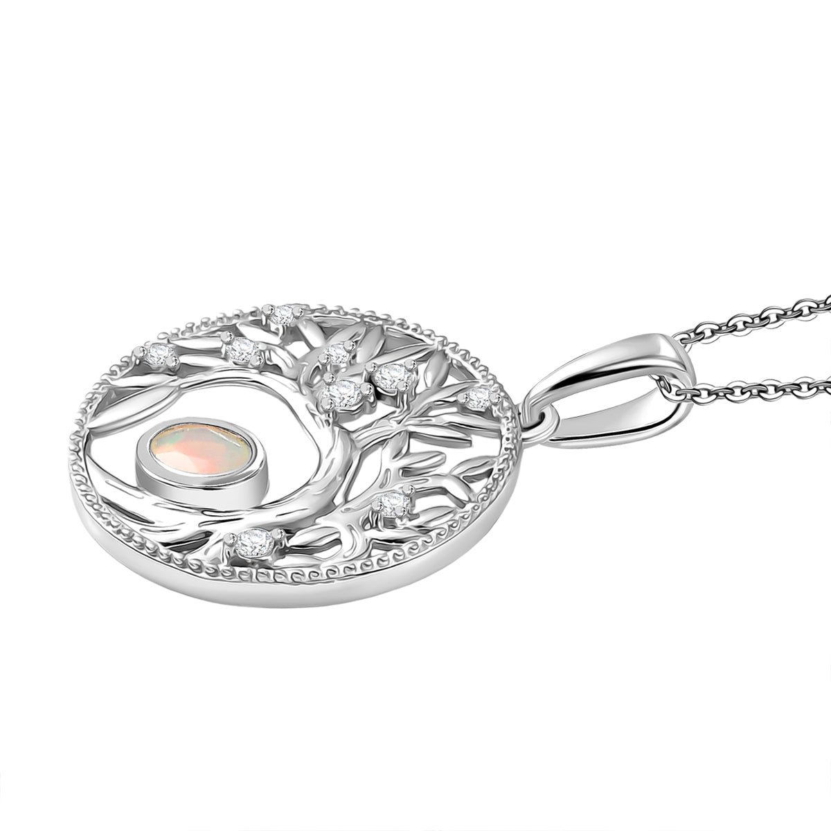 AA Natürlicher, äthiopischer Welo Opal, Weißer Zirkon Anhänger mit Kettte, ca. 50 cm 925 Silber Platiniert ca. 0.41 ct