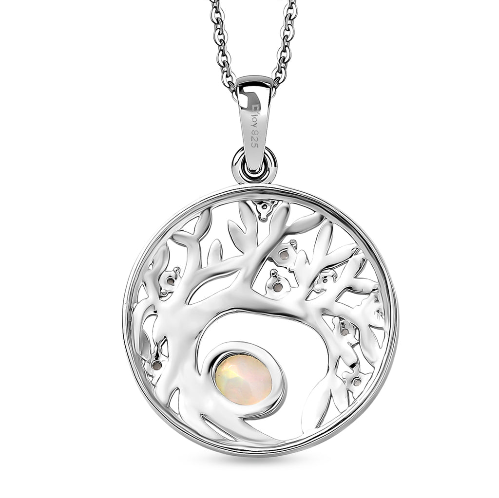AA Natürlicher, äthiopischer Welo Opal, Weißer Zirkon Anhänger mit Kettte, ca. 50 cm 925 Silber Platiniert ca. 0.41 ct